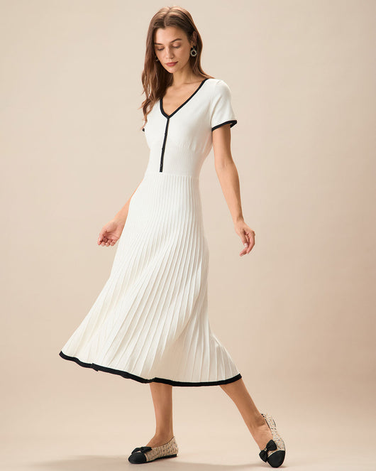 Women's White Contrasting Sweater Midi Dress