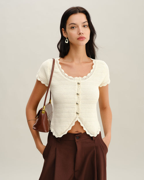 Beige U Neck Textured Cardigan