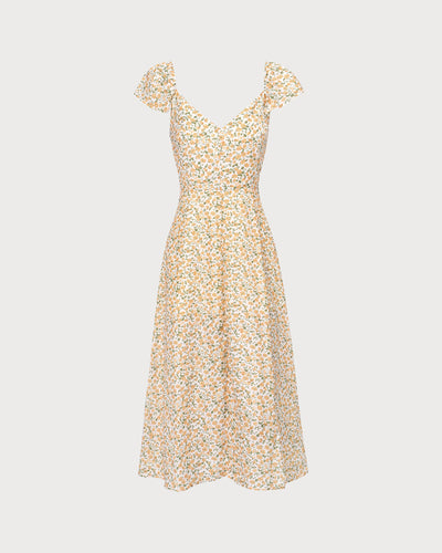 The Yellow V Neck Floral Slit Midi Dress