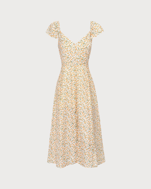 The Yellow V Neck Floral Slit Midi Dress