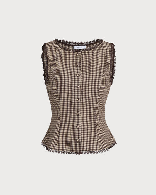 Brown Plaid Single Breasted Vest