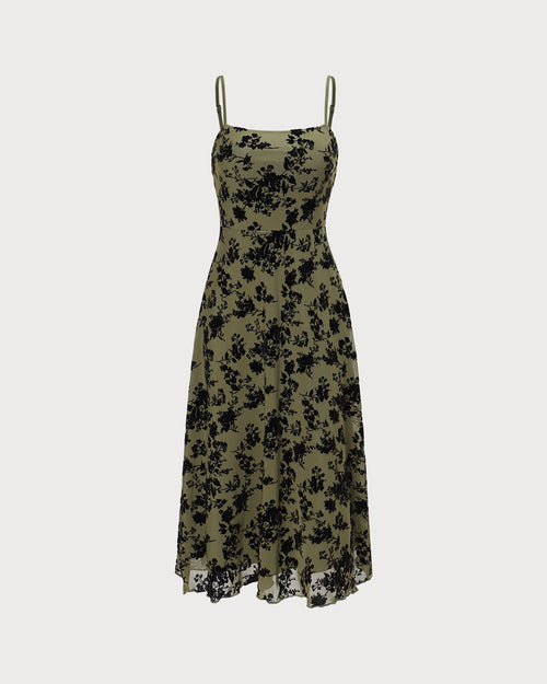 The Green Floral Burnout A-Line Slip Midi Dress