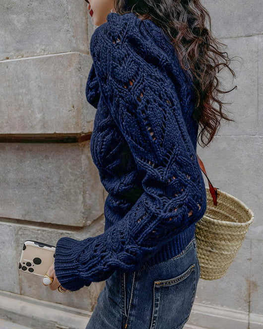 Blue Round Neck Cut Out Sweater
