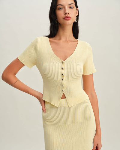 Beige V Neck Button Knit Cardigan