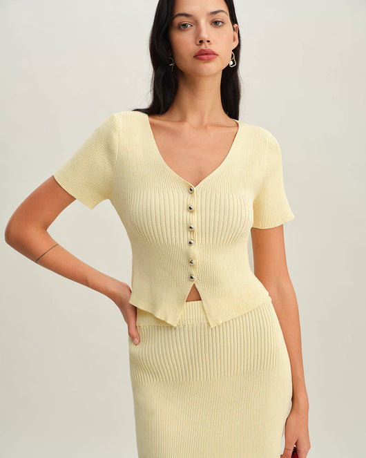 Beige V Neck Button Knit Cardigan