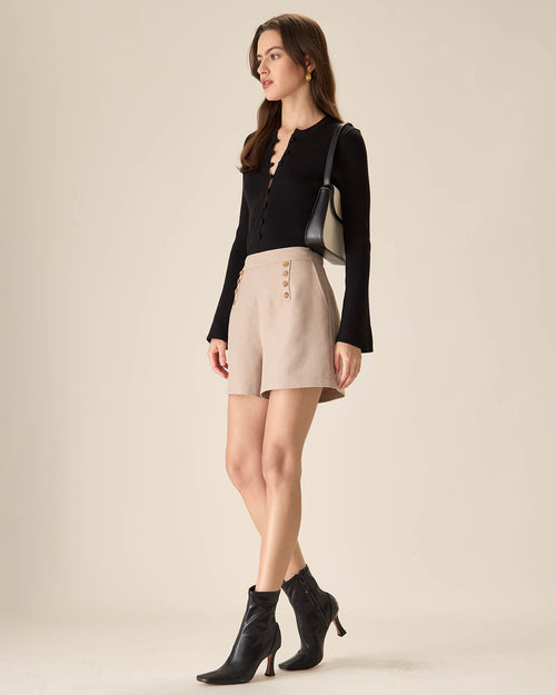 The Black Round Neck Button Up Knit Top