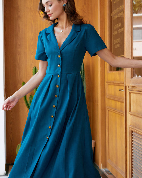 Blue V Neck Pleated Button Midi Dress
