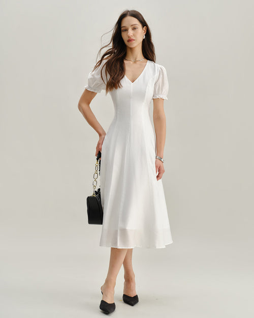 White Puffed Sleeve V Neck Midi Dress