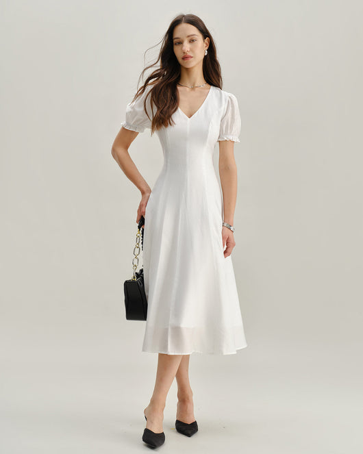 White Puffed Sleeve V Neck Midi Dress