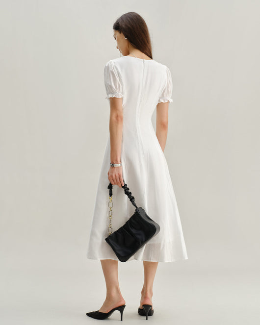 White Puffed Sleeve V Neck Midi Dress