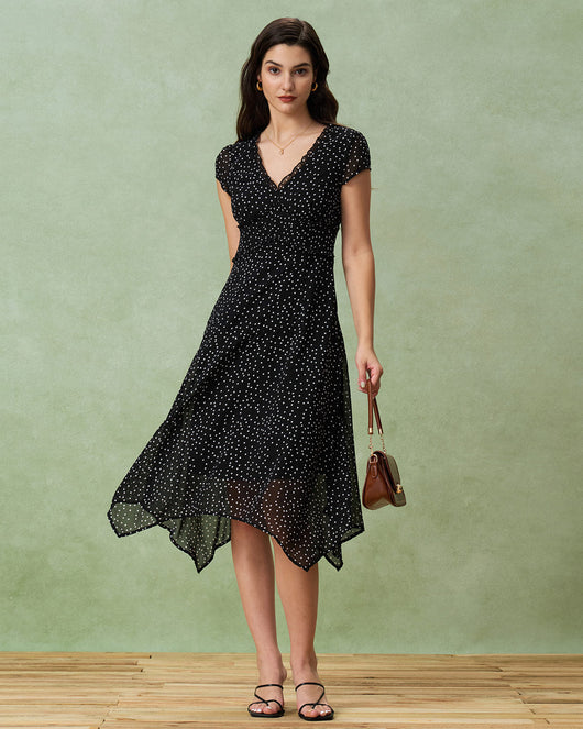 Black V Neck Polka Dot Midi Dress