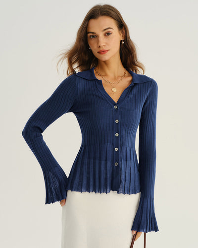 Blue V-Neck Bell Sleeve Knit Cardigan