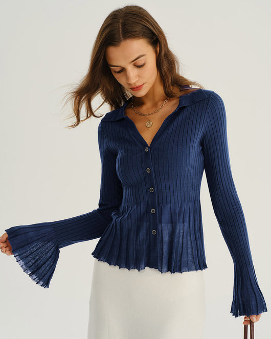 Blue V-Neck Bell Sleeve Knit Cardigan