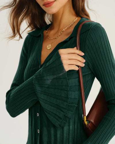 Green V-Neck Bell Sleeve Knit Cardigan