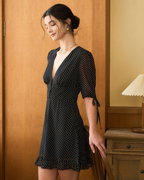 The Black Deep V Neck Polka Dot Mini Dress
