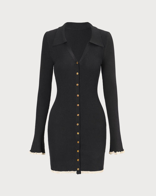 The Black V Neck Contrast Trim Knit Mini Dress