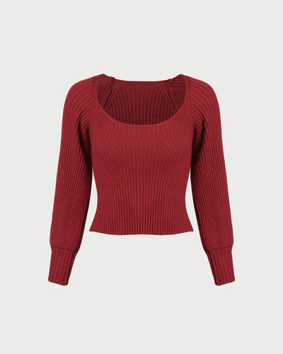 The Red Scoop Neck Lantern Sleeve Sweater