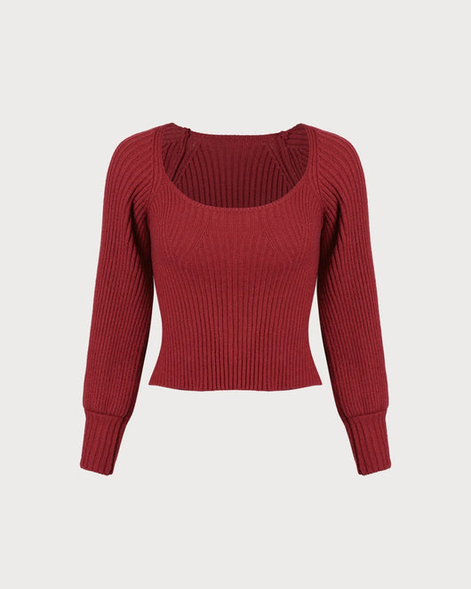 The Red Scoop Neck Lantern Sleeve Sweater