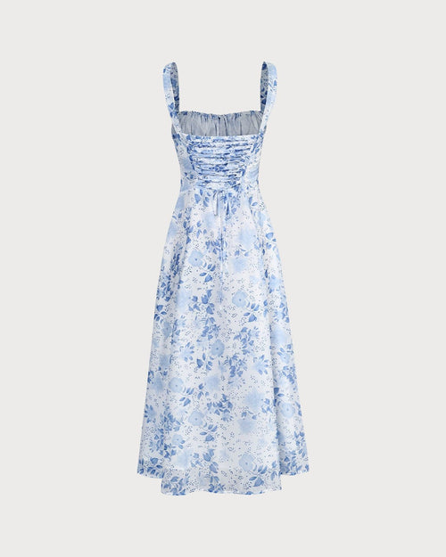 The Blue Square Neck Floral Ruched Midi Dress