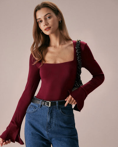 Wine Red Bell Sleeve Knit Tee
