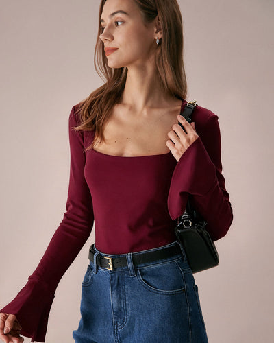 Wine Red Bell Sleeve Knit Tee