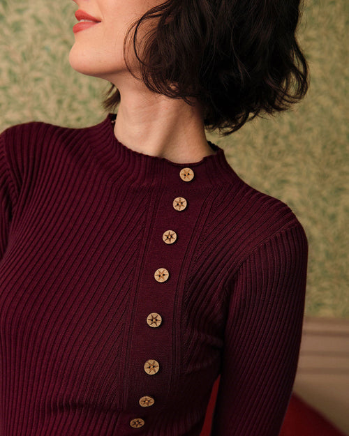 Wine Red Mock Neck Ribbed Knit Tee