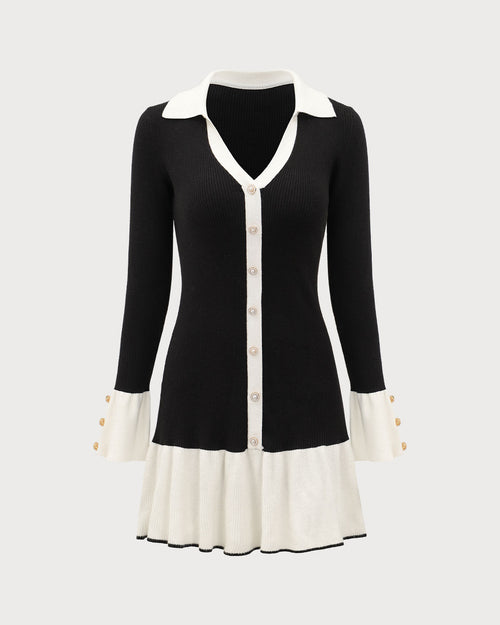 Black Contrasting Bell Sleeve Sweater Dress