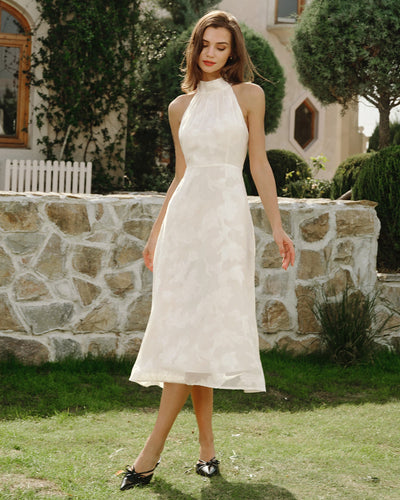 Beige Halter Floral Midi Dresses