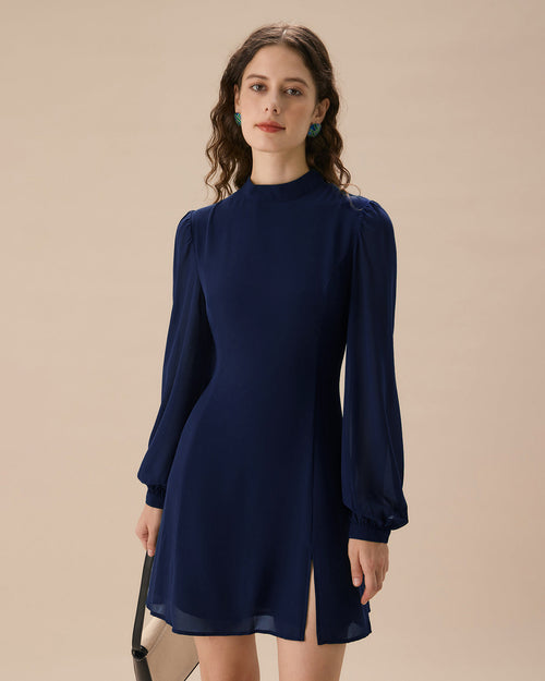 Blue Round Neck Tunic Mini Dress