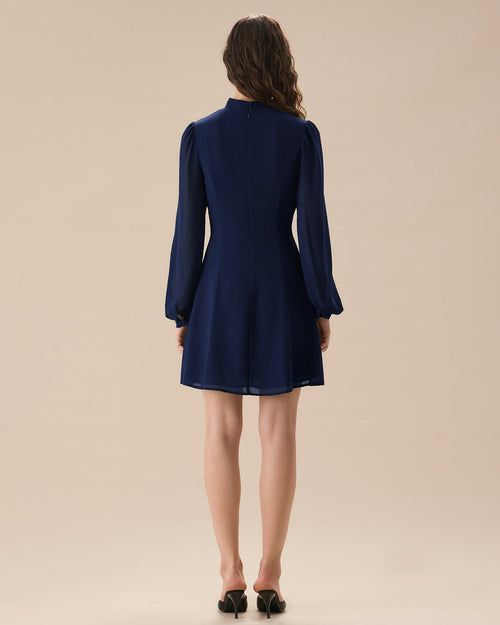 Blue Round Neck Tunic Mini Dress