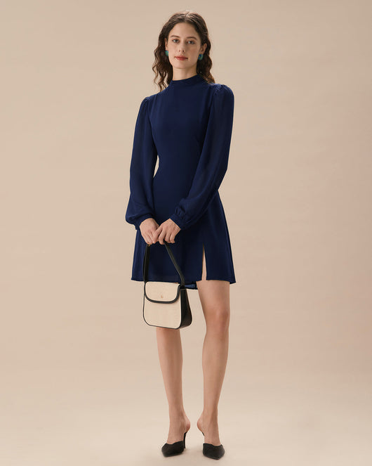 Blue Round Neck Tunic Mini Dress