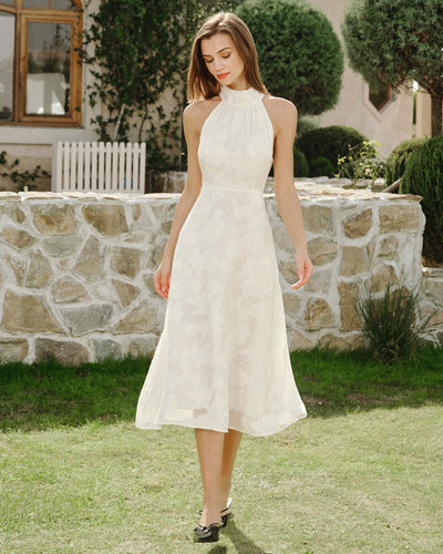 Beige Halter Floral Midi Dresses