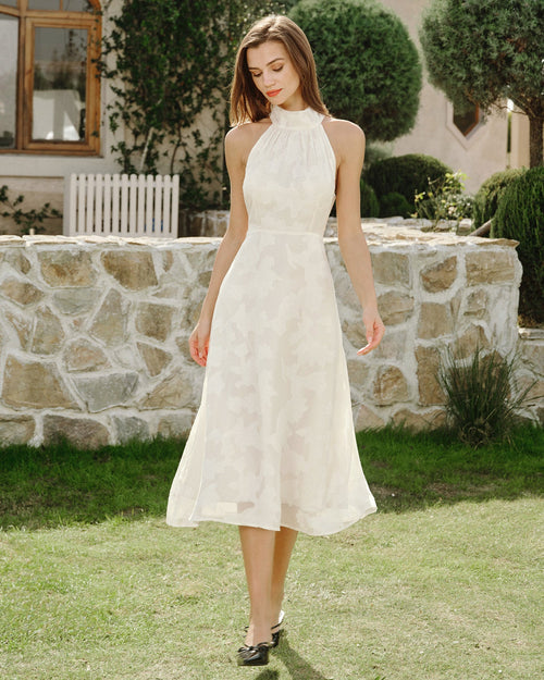 Beige Halter Floral Midi Dresses