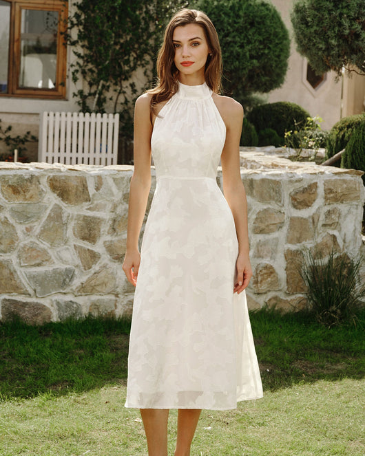 Beige Halter Floral Midi Dresses