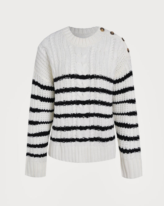 White Striped Button Knit Cardigan