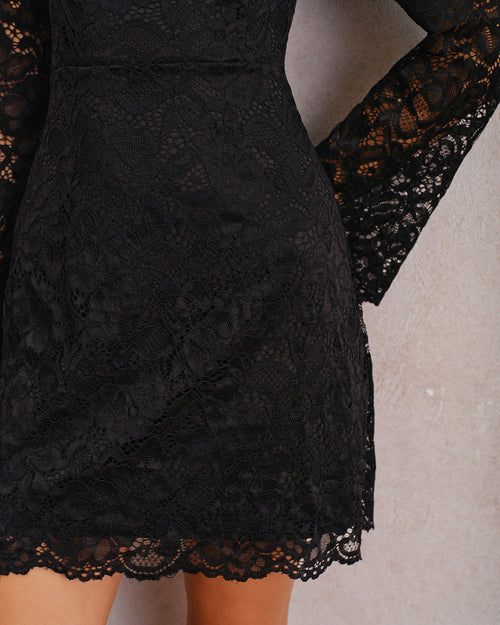 Black Lace Bell Sleeve A-Line Mini Dress