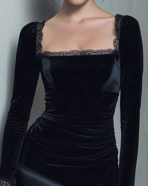 Black Square Neck Velour Mini Dress