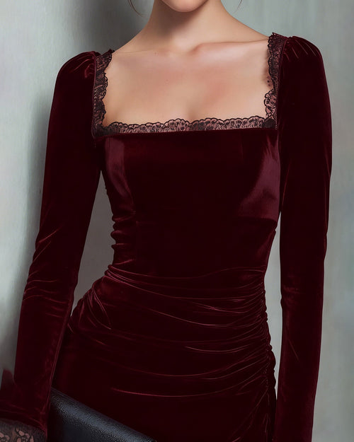 Wine Red Velour Square Neck Mini Dress