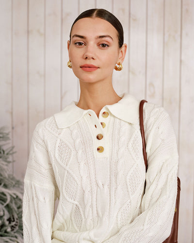 Beige Drop Shoulder Button Sweater