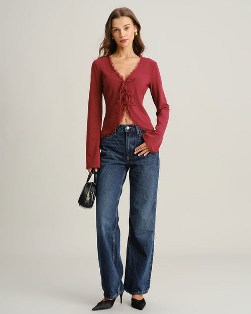 Red V Neck Tie-front Cardigan