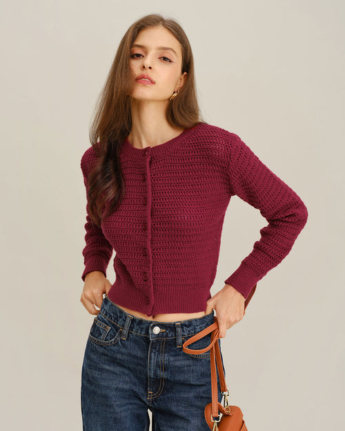 Wine Red Single Breasted Round Neck Knit Cardigan