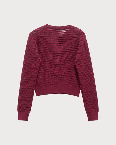 Wine Red Single Breasted Round Neck Knit Cardigan
