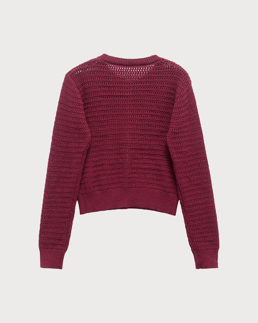Wine Red Single Breasted Round Neck Knit Cardigan