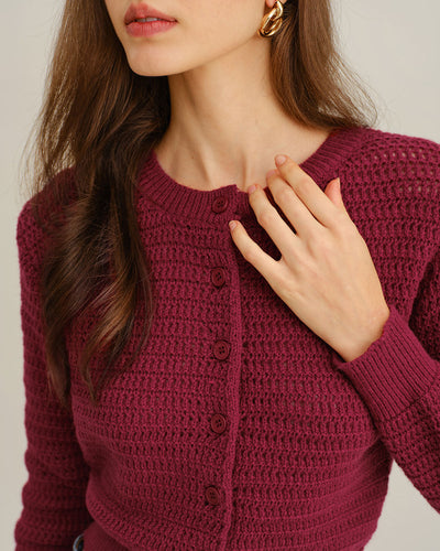 Wine Red Single Breasted Round Neck Knit Cardigan