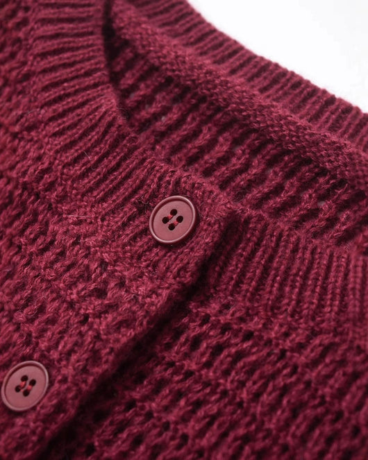 Wine Red Single Breasted Round Neck Knit Cardigan