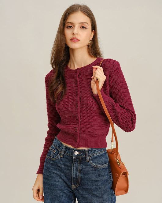 Wine Red Single Breasted Round Neck Knit Cardigan