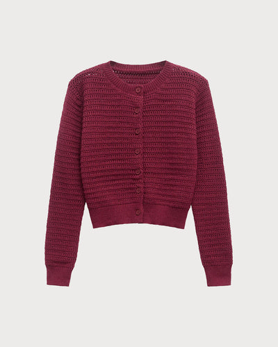 Wine Red Single Breasted Round Neck Knit Cardigan