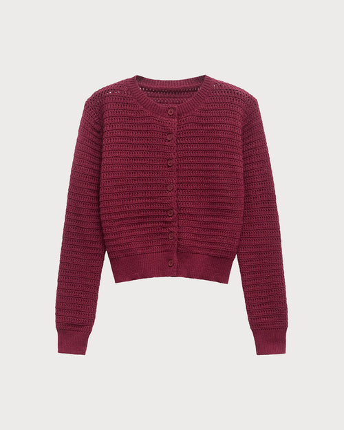 Wine Red Single Breasted Round Neck Knit Cardigan