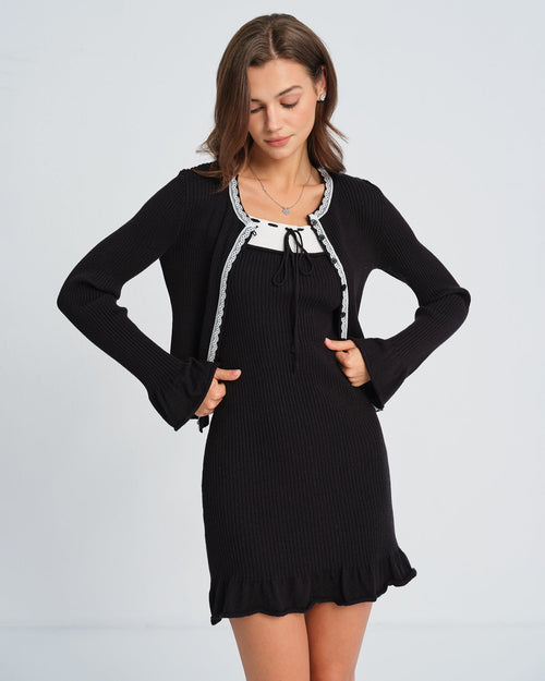 Black Contrasting Bell Sleeve Knit Cardigan