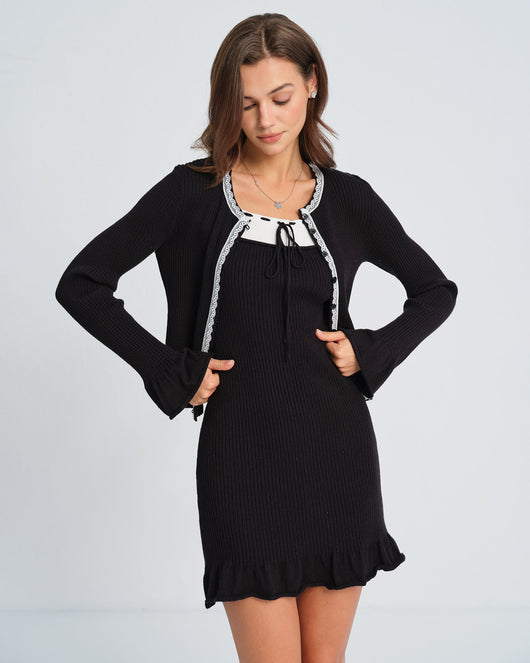 Black Contrasting Bell Sleeve Knit Cardigan